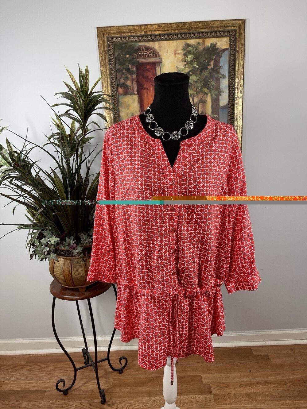 Croft & Barrow Women Blouse Large Red White Geometric Peplum Tie Waist Boho‎